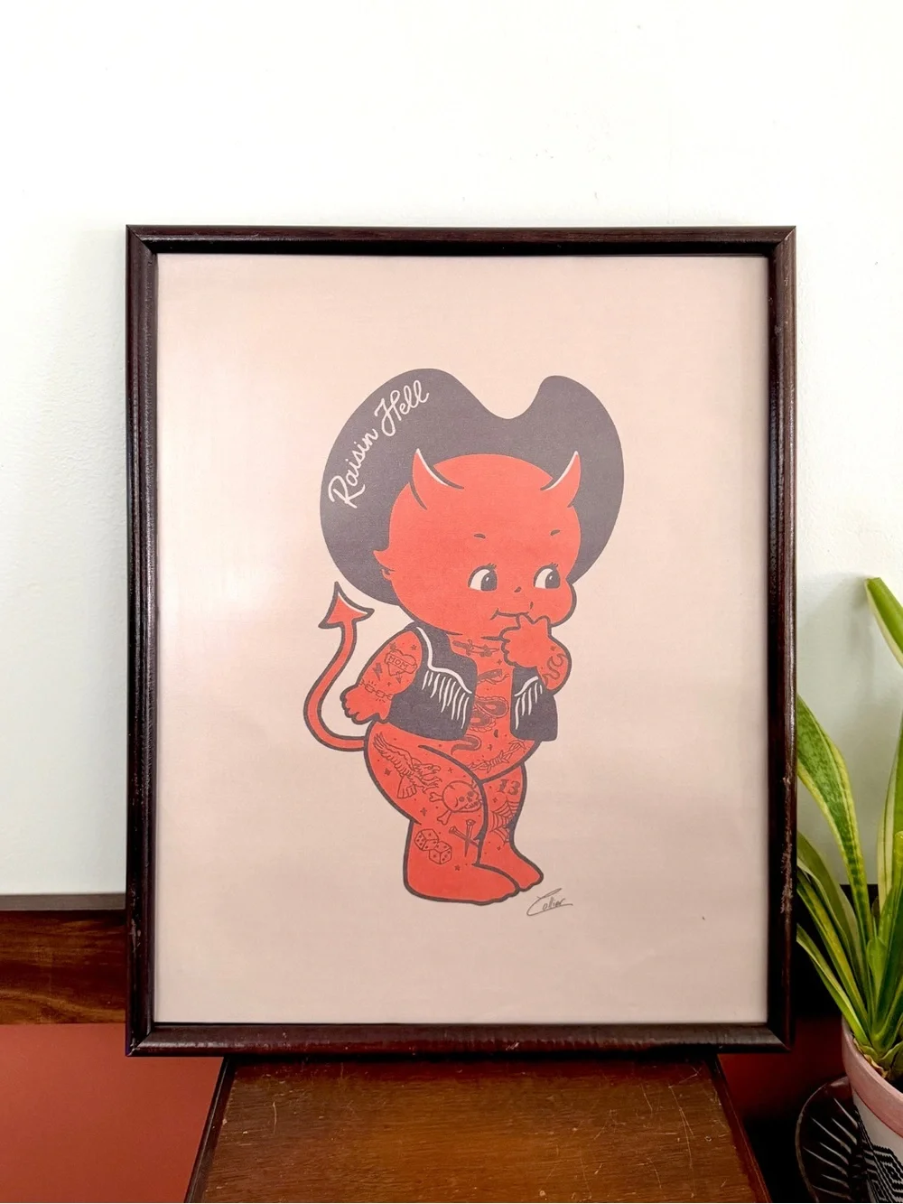 Vintage Kewpie Tattooed Devil Cowboy Wall Art Framed Retro Western Kitsch 17x21”